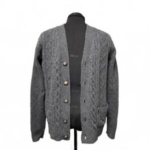 GANT Men's Gray Cable Knit Button-Up Cardigan Sweater 100% wool grandpa L